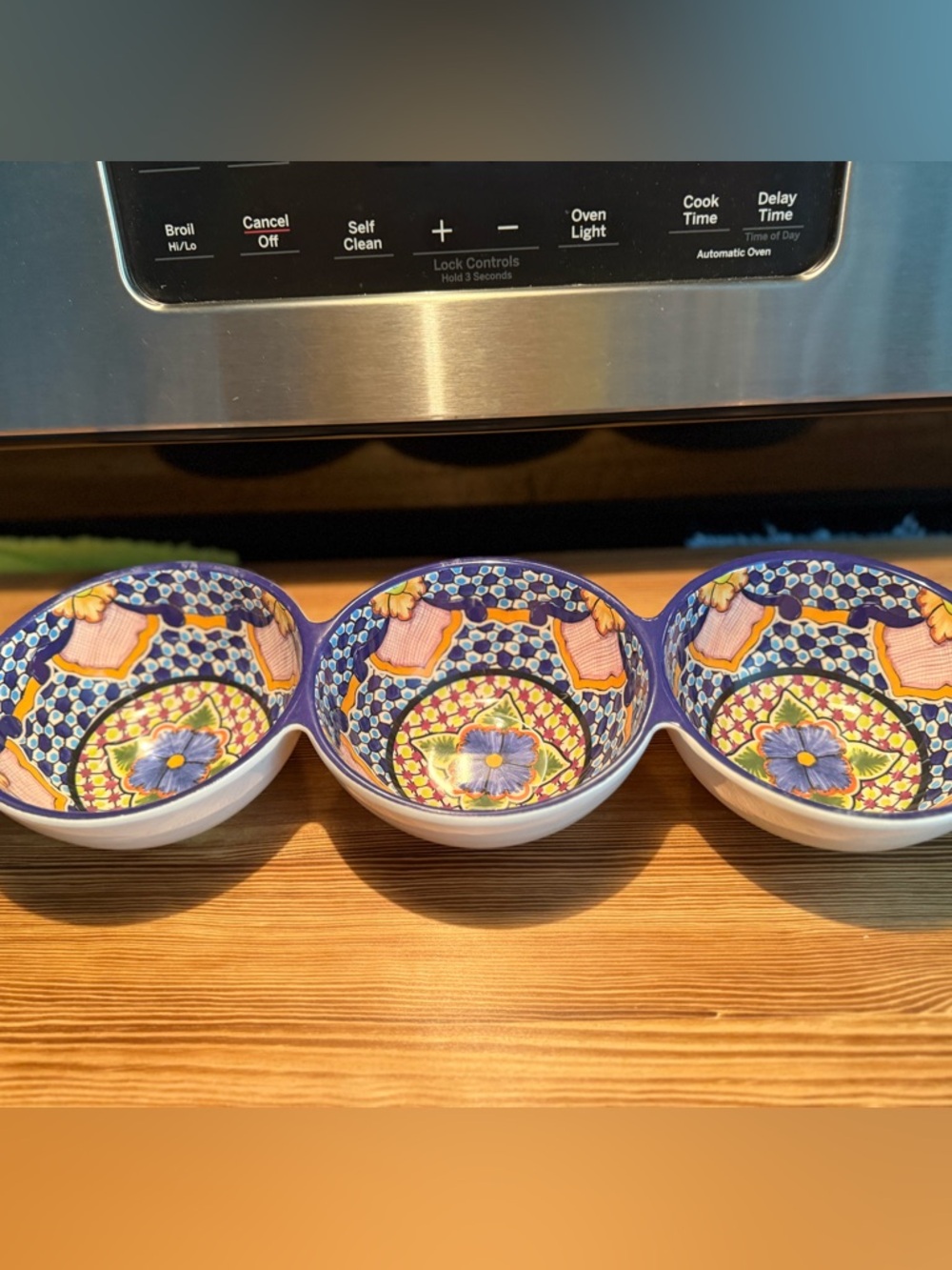 New Pottery Barn Del Sol Triple Condiment/Serving bowl set,  Blue Multi